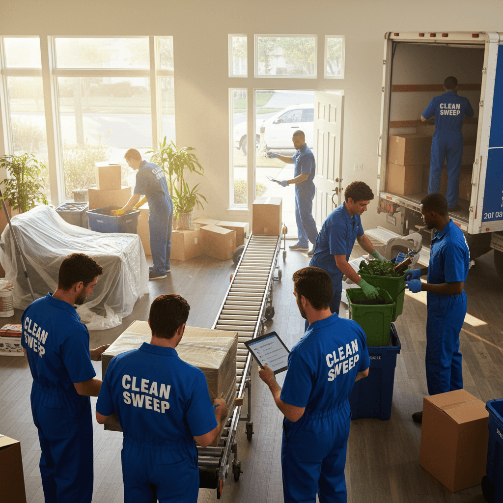 professional cleanup team removing items from residential property with organized workflow