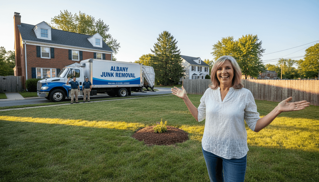 satisfied customer smiling next to empty yard after junk removal service in residential Albany setting
