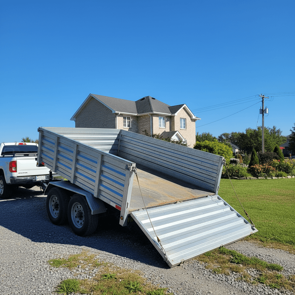 empty dump trailer on residential property ready for loading with clear sky background