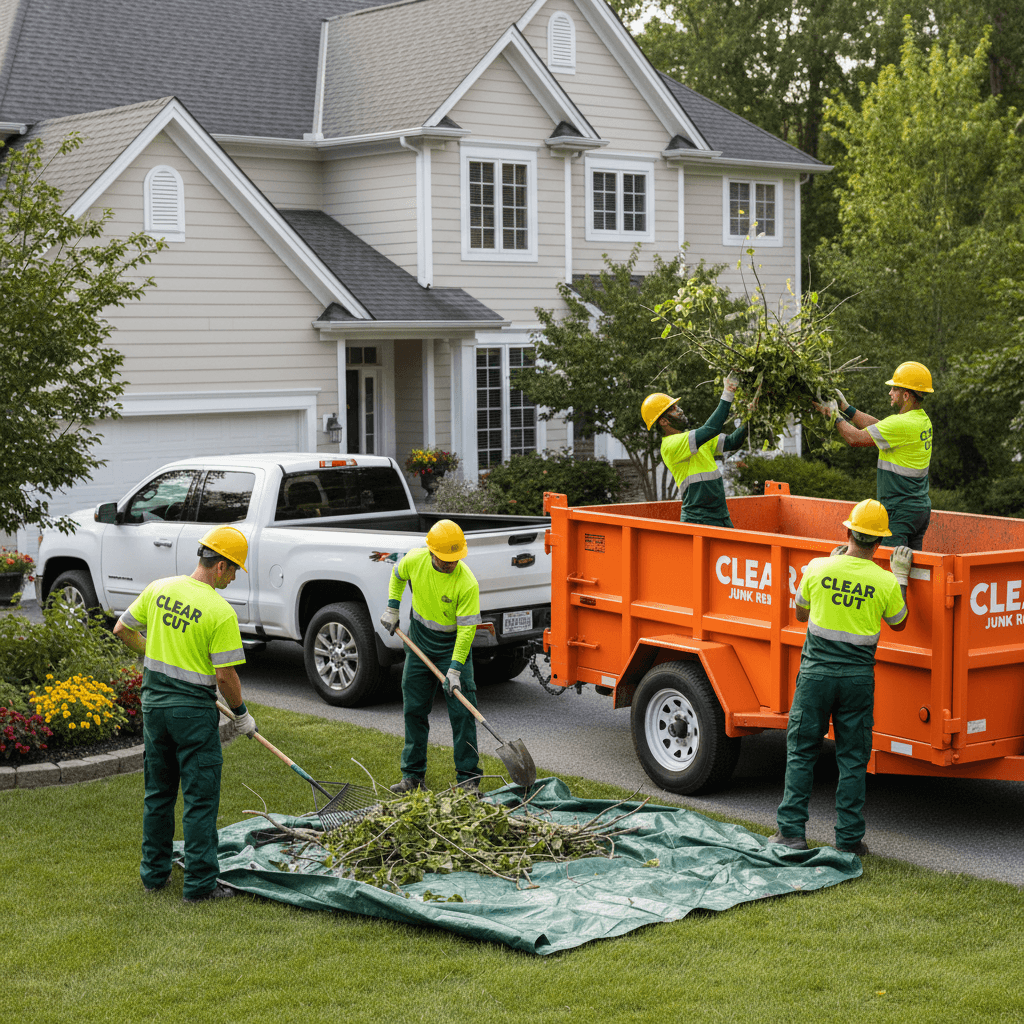 Close-up of dump trailer bed filled with construction debris including concrete and wood waste on residential driveway