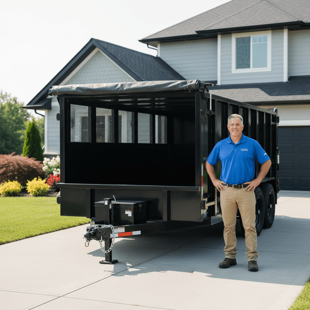 Overhead view of garage cleanout with three workers organizing and removing accumulated household items and clutter