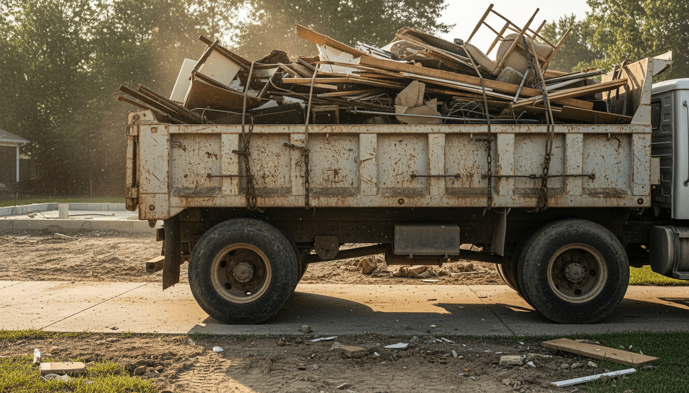 Fully loaded hauling truck packed with mixed construction debris, renovation waste, and bulk items at residential property